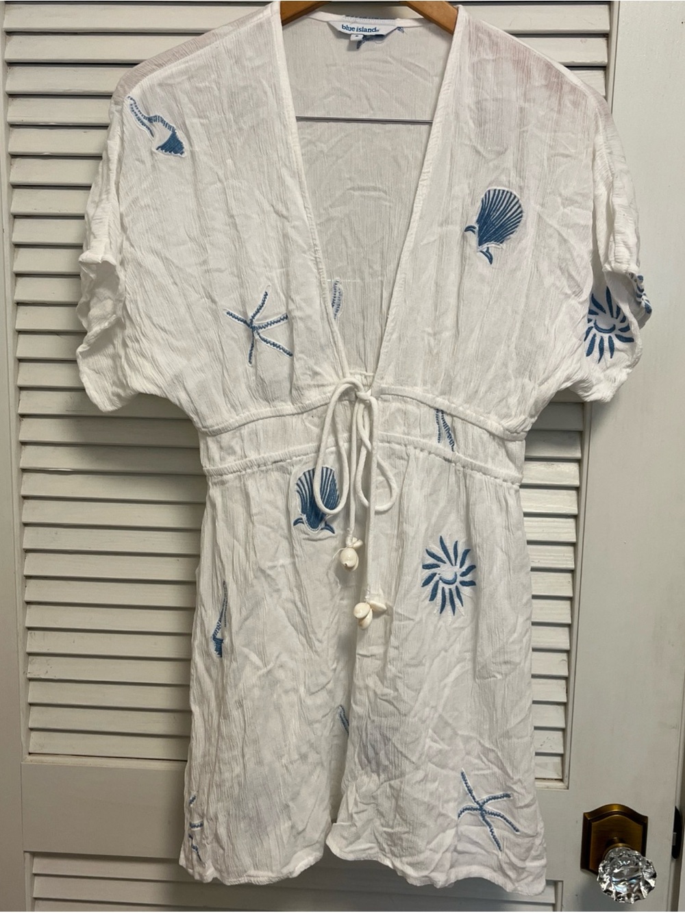 Blue Island White Swim Coverup with Blue Shell Embroidery